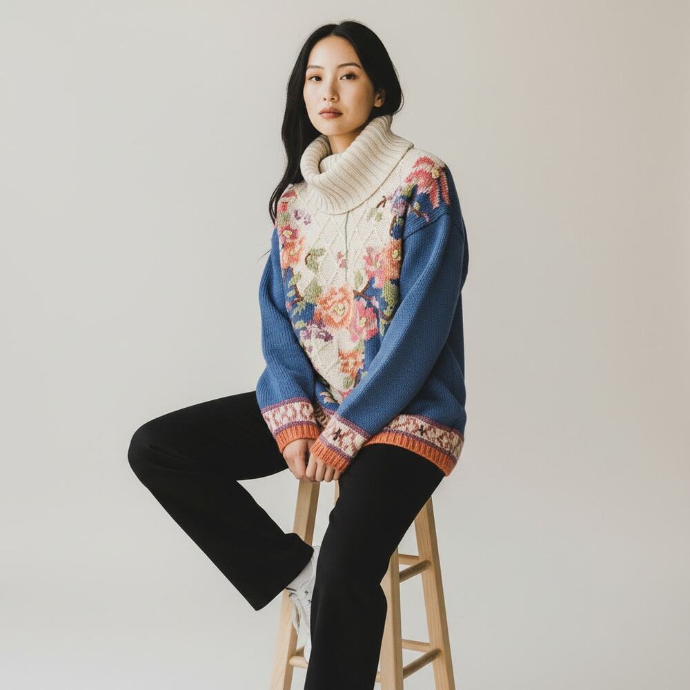 Grannycore VIntage Hand Knitted Sweater Small Turtle Neck  Blue Sz. S